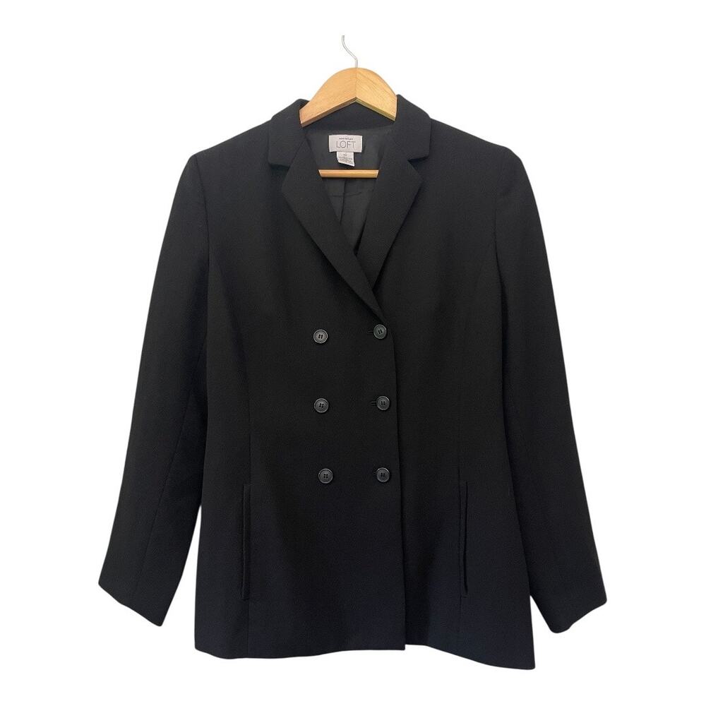 LOFT Double Breasted Blazer Jacket Black Size 10 100% Virgin Wool Classic Preppy